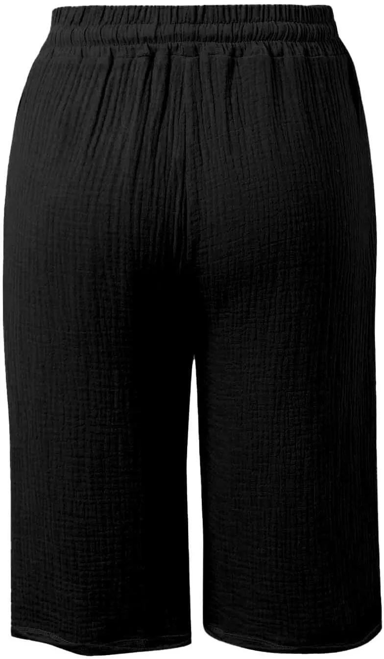 Capri Pants for Women Cotton Casual Summer Capris Drawstring High Waist Pants Wide Straight Leg Cropped Trousers