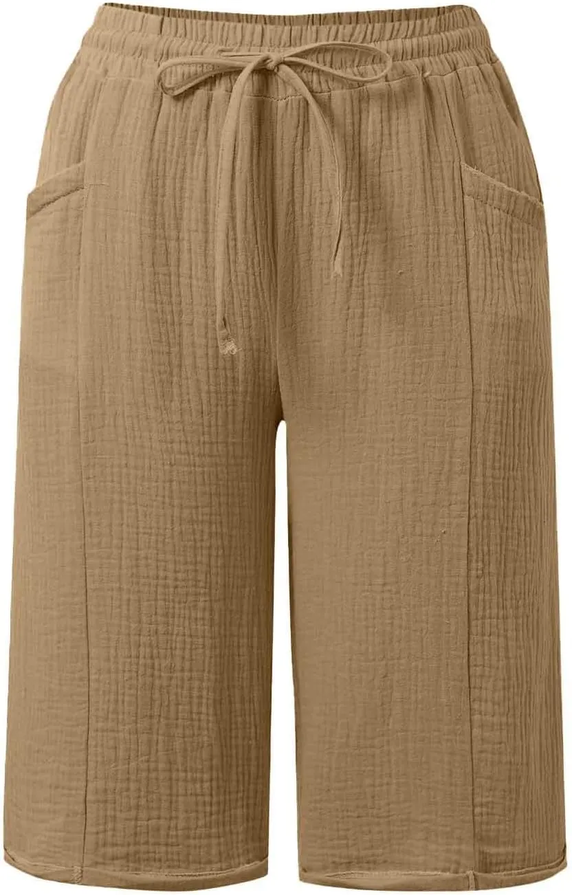 Capri Pants for Women Cotton Casual Summer Capris Drawstring High Waist Pants Wide Straight Leg Cropped Trousers