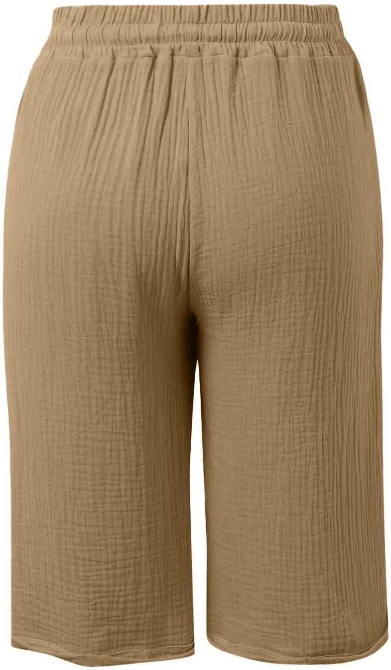 Capri Pants for Women Cotton Casual Summer Capris Drawstring High Waist Pants Wide Straight Leg Cropped Trousers