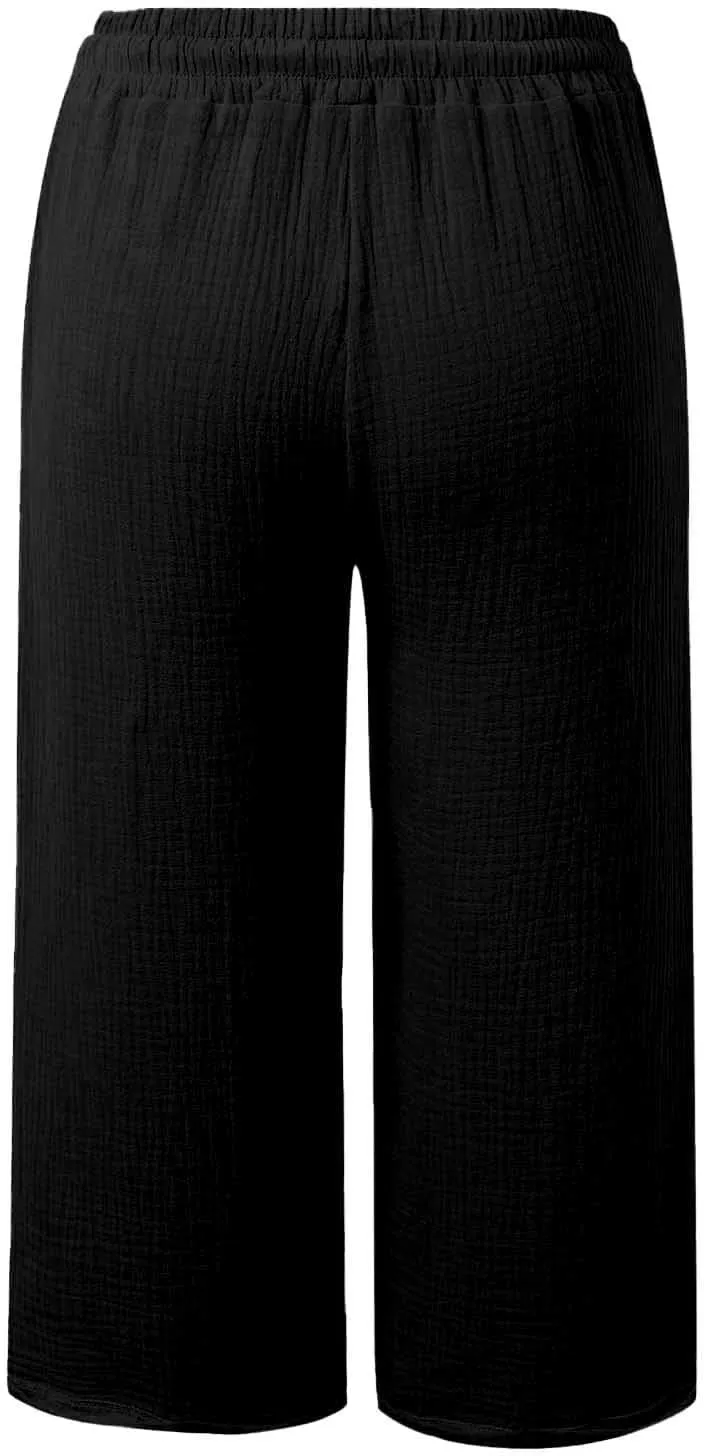 Capri Pants for Women Cotton Casual Summer Capris Drawstring High Waist Pants Wide Straight Leg Cropped Trousers