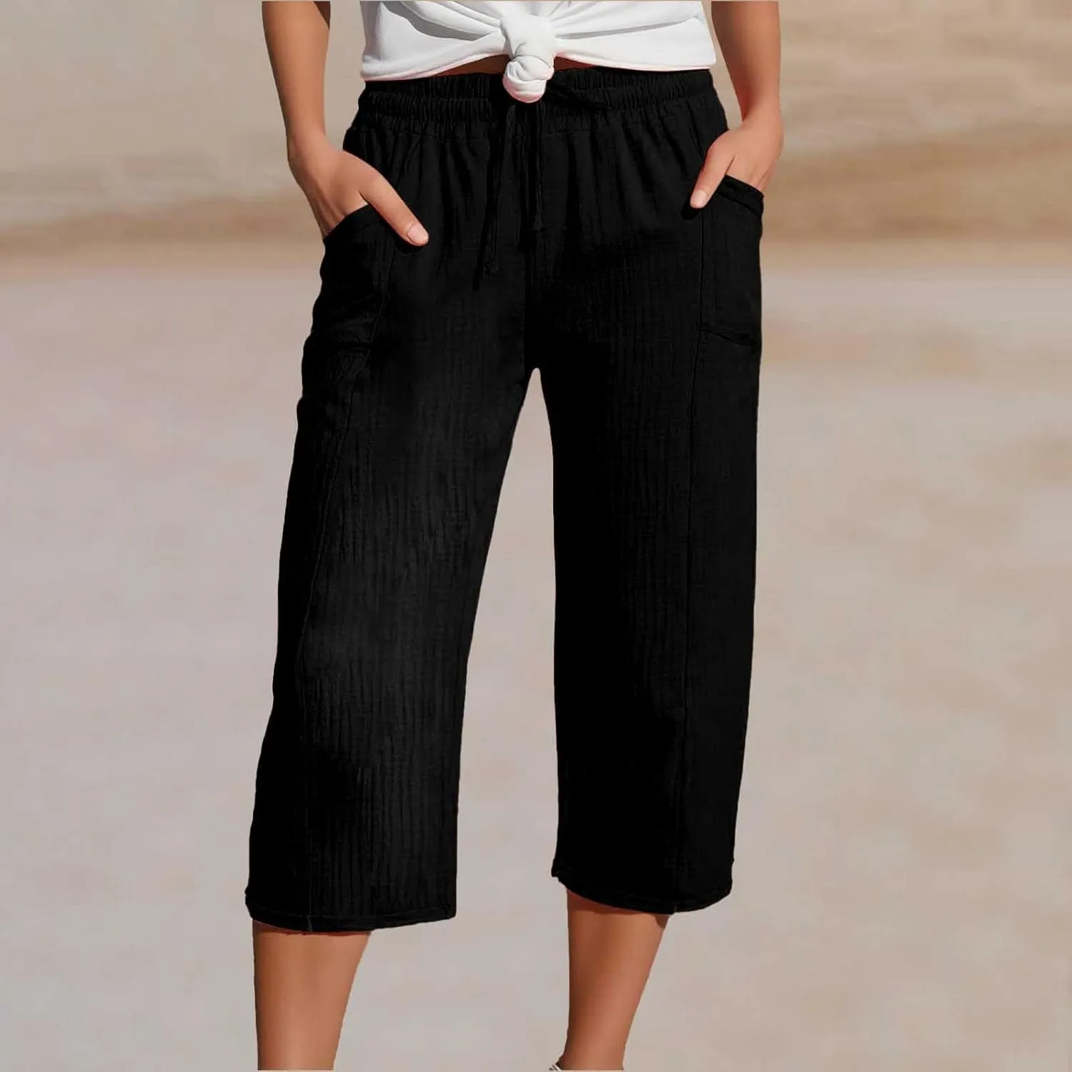 Capri Pants for Women Cotton Casual Summer Capris Drawstring High Waist Pants Wide Straight Leg Cropped Trousers