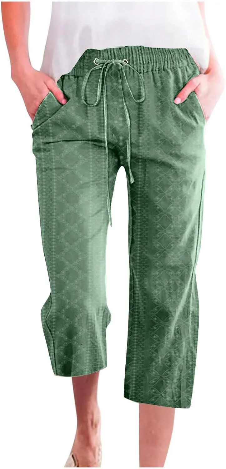 Capri Straight Leg Pants for Women Summer Drawstring Waist Casual Pant Solid Color Loose Lounge Pants with Pockets