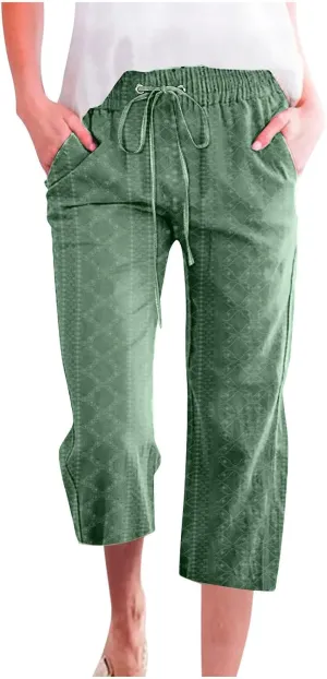 Capri Straight Leg Pants for Women Summer Drawstring Waist Casual Pant Solid Color Loose Lounge Pants with Pockets