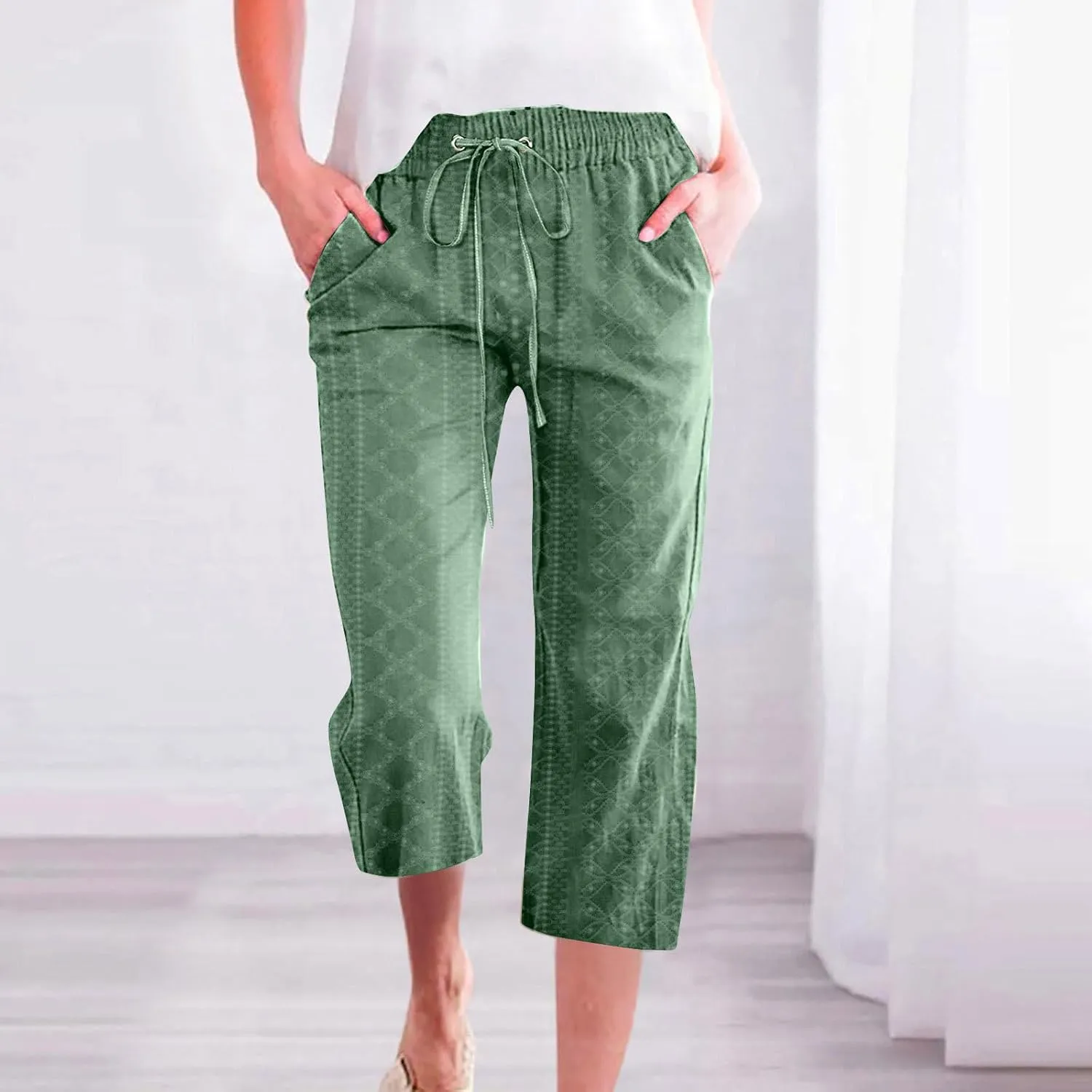 Capri Straight Leg Pants for Women Summer Drawstring Waist Casual Pant Solid Color Loose Lounge Pants with Pockets