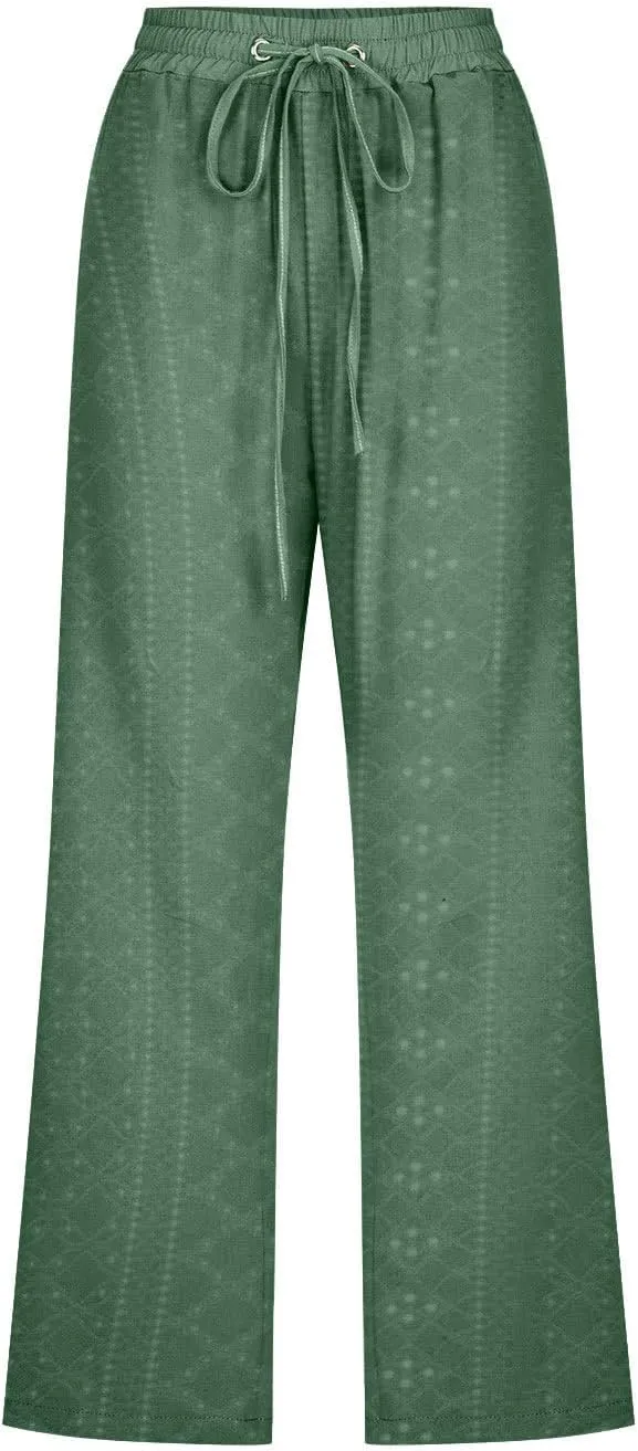 Capri Straight Leg Pants for Women Summer Drawstring Waist Casual Pant Solid Color Loose Lounge Pants with Pockets