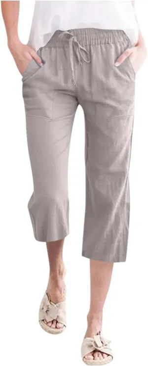 Capris Pants for Women Cotton Linen Casual Summer Straight Leg Loose Drawstring Elastic Waist Cropped Trousers