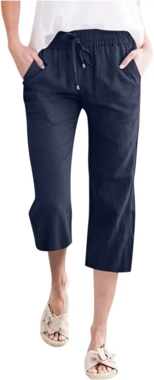 Capris Pants for Women Cotton Linen Casual Summer Straight Leg Loose Drawstring Elastic Waist Cropped Trousers
