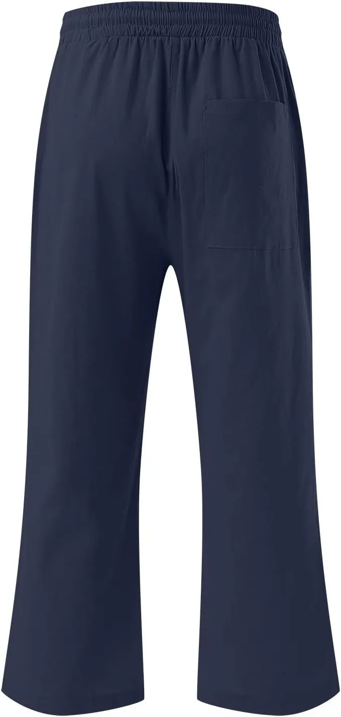Capris Pants for Women Cotton Linen Casual Summer Straight Leg Loose Drawstring Elastic Waist Cropped Trousers