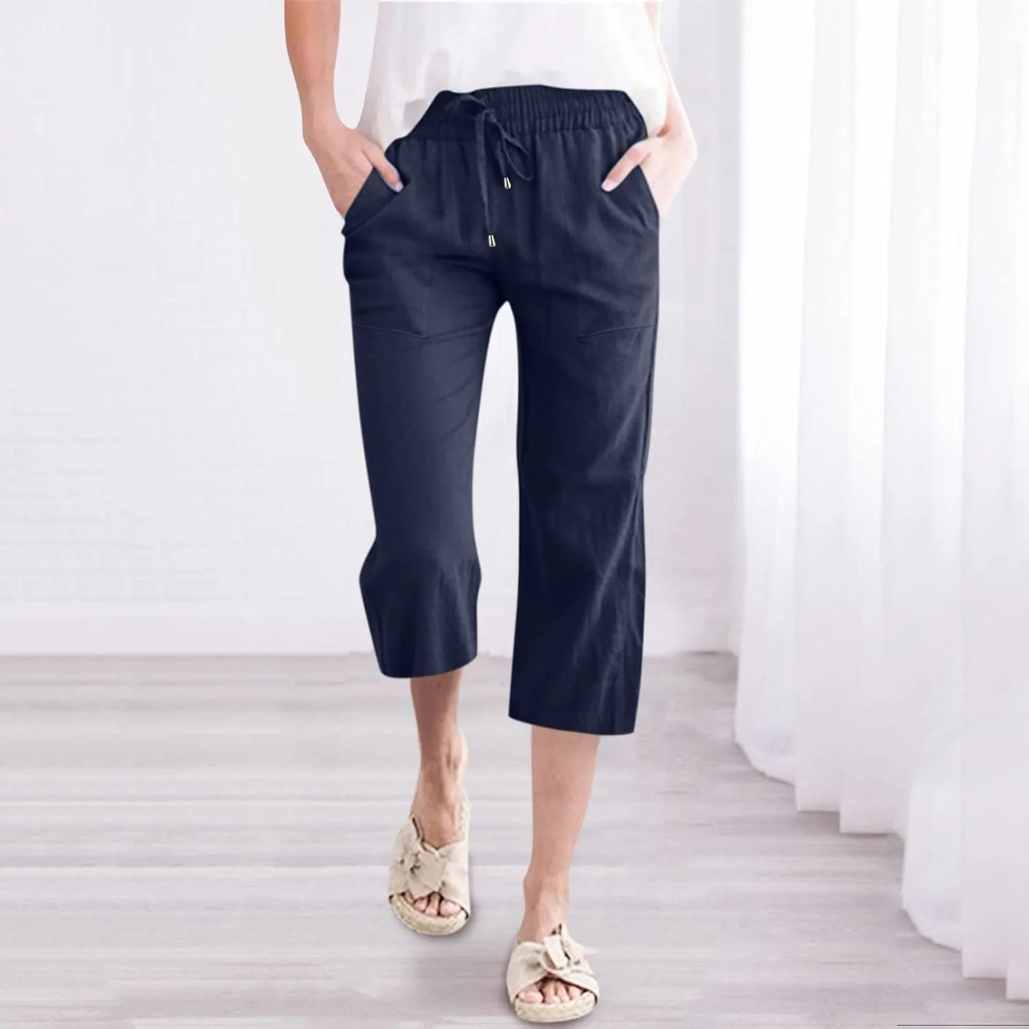 Capris Pants for Women Cotton Linen Casual Summer Straight Leg Loose Drawstring Elastic Waist Cropped Trousers