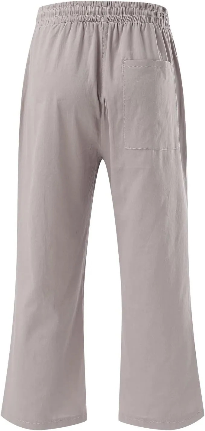 Capris Pants for Women Cotton Linen Casual Summer Straight Leg Loose Drawstring Elastic Waist Cropped Trousers