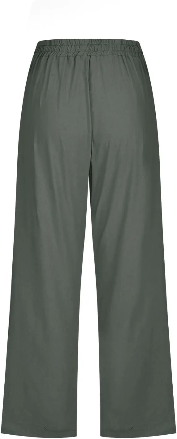 Capris Pants for Women Cotton Linen Casual Summer Straight Leg Loose Drawstring Elastic Waist Cropped Trousers