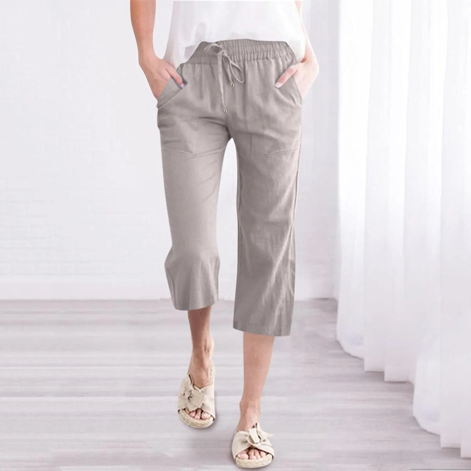 Capris Pants for Women Cotton Linen Casual Summer Straight Leg Loose Drawstring Elastic Waist Cropped Trousers