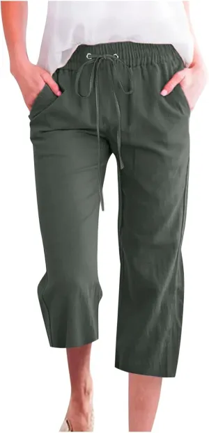 Capris Pants for Women Cotton Linen Casual Summer Straight Leg Loose Drawstring Elastic Waist Cropped Trousers