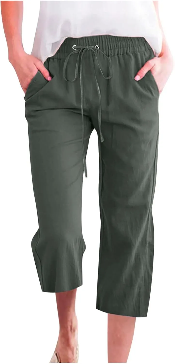 Capris Pants for Women Cotton Linen Casual Summer Straight Leg Loose Drawstring Elastic Waist Cropped Trousers