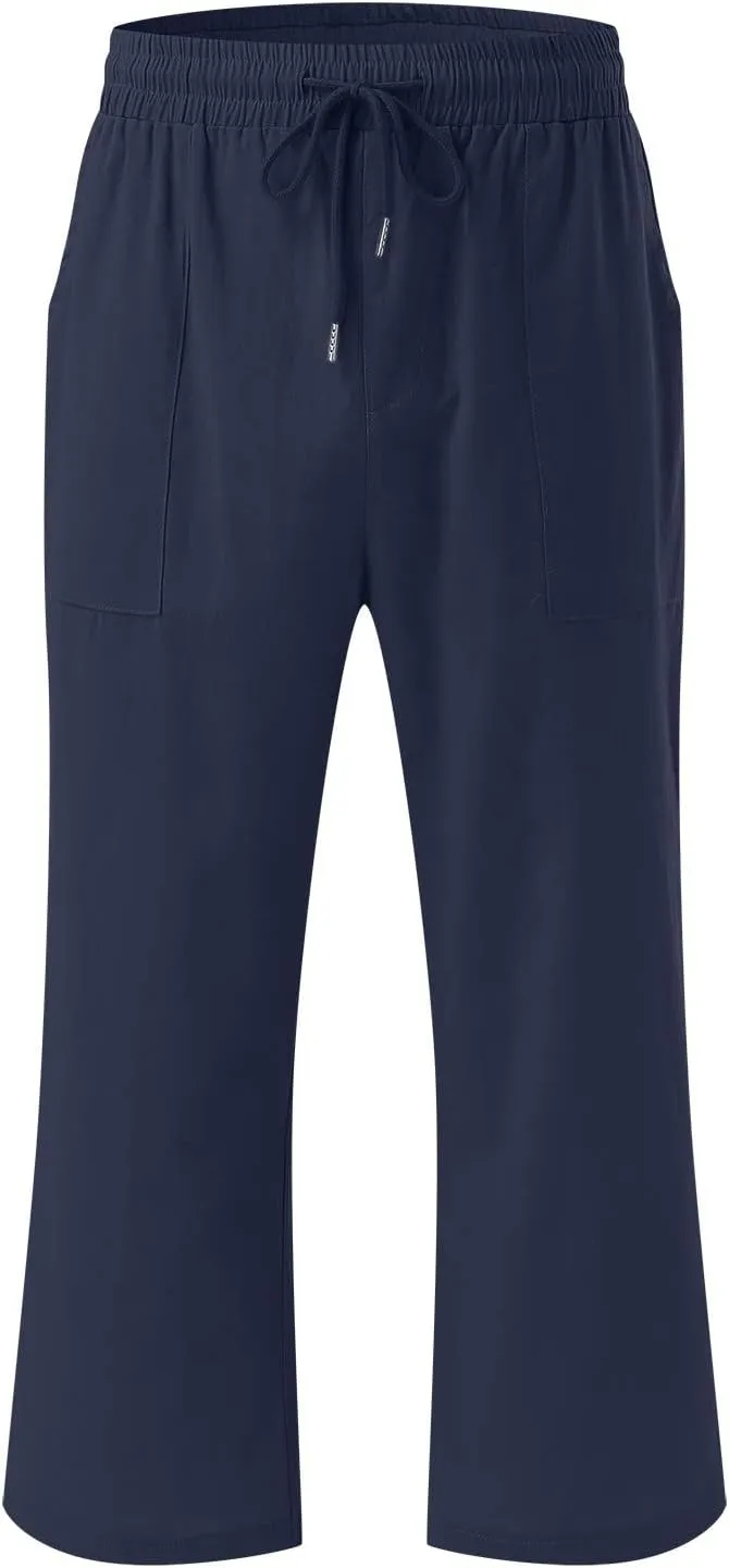 Capris Pants for Women Cotton Linen Casual Summer Straight Leg Loose Drawstring Elastic Waist Cropped Trousers
