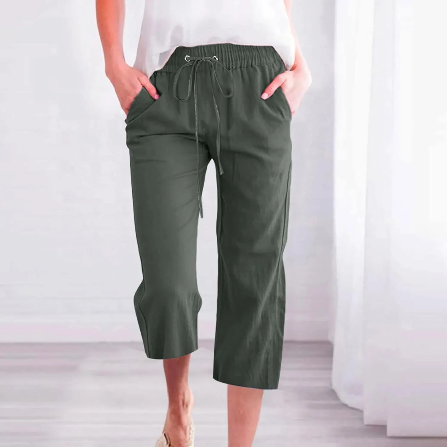 Capris Pants for Women Cotton Linen Casual Summer Straight Leg Loose Drawstring Elastic Waist Cropped Trousers