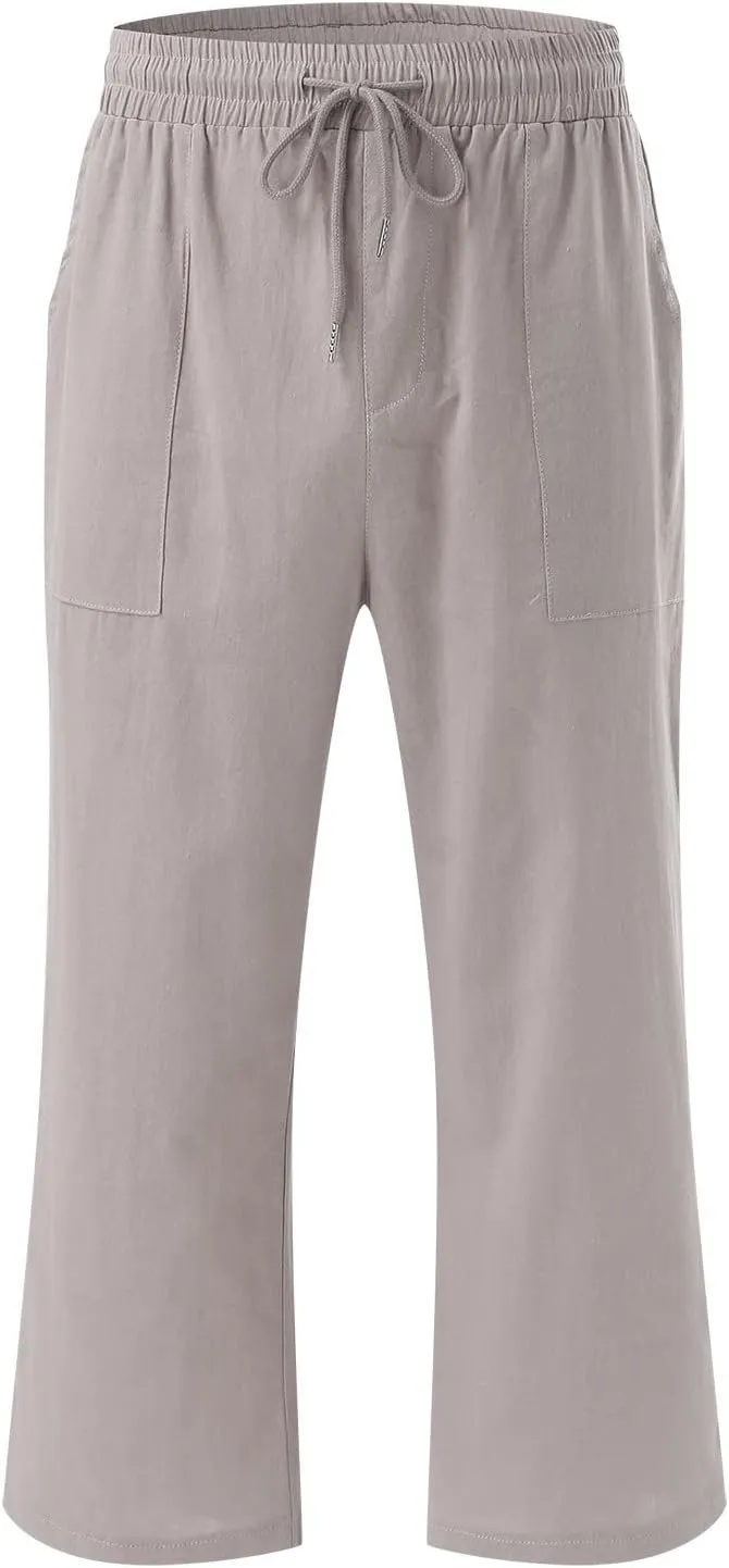 Capris Pants for Women Cotton Linen Casual Summer Straight Leg Loose Drawstring Elastic Waist Cropped Trousers