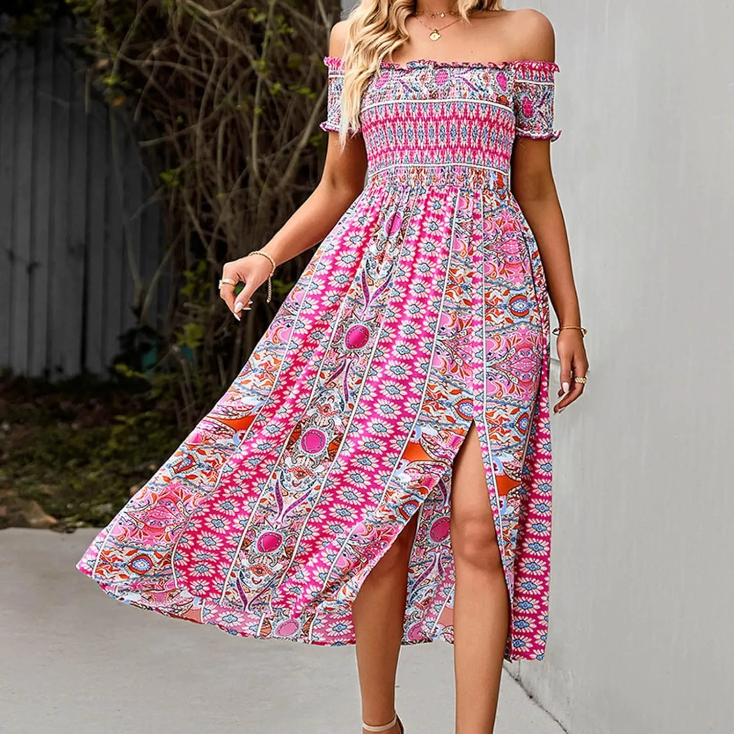 Ceboyel Women Strapless Boho Summer Dresses Floral Sundress High Waist Long Maxi Sun Dress Casual Beach Vacation Outfits