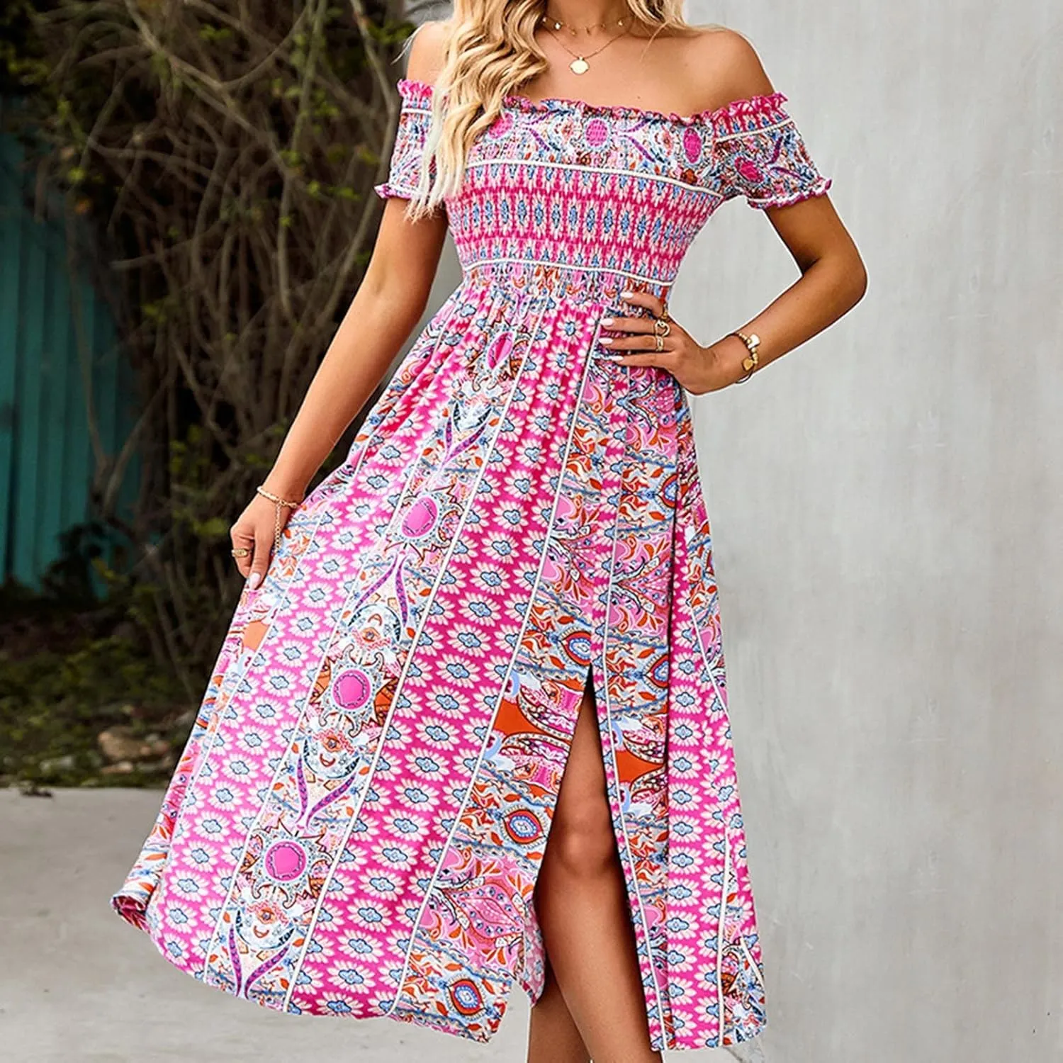 Ceboyel Women Strapless Boho Summer Dresses Floral Sundress High Waist Long Maxi Sun Dress Casual Beach Vacation Outfits