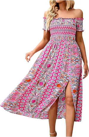 Ceboyel Women Strapless Boho Summer Dresses Floral Sundress High Waist Long Maxi Sun Dress Casual Beach Vacation Outfits