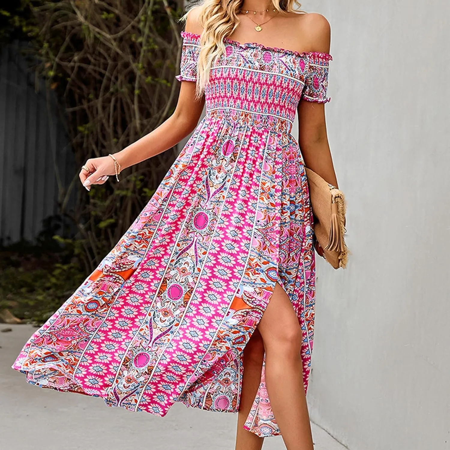 Ceboyel Women Strapless Boho Summer Dresses Floral Sundress High Waist Long Maxi Sun Dress Casual Beach Vacation Outfits