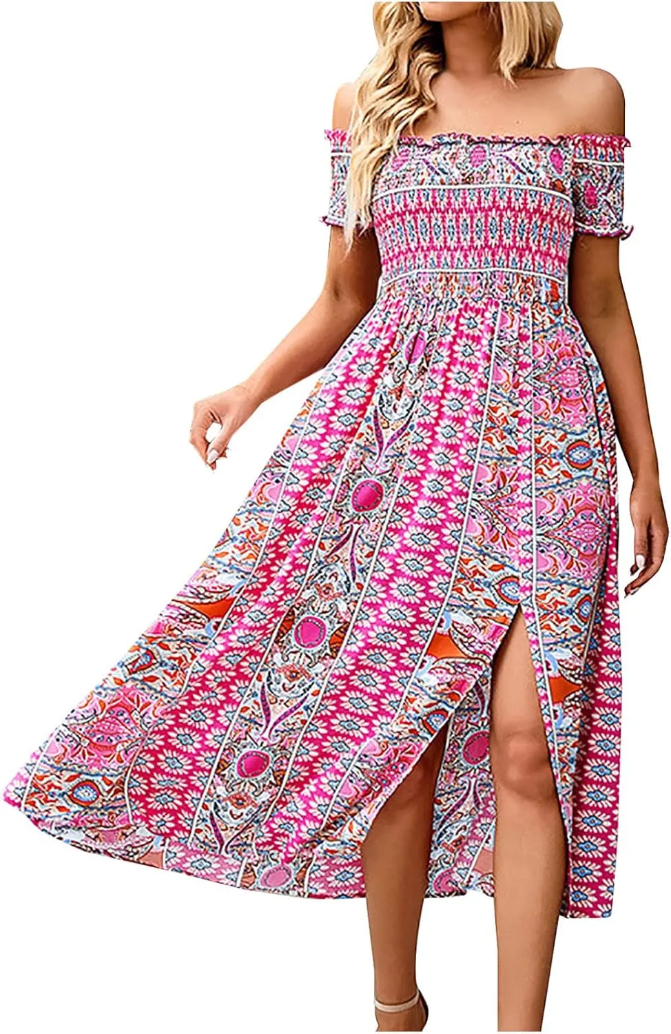 Ceboyel Women Strapless Boho Summer Dresses Floral Sundress High Waist Long Maxi Sun Dress Casual Beach Vacation Outfits