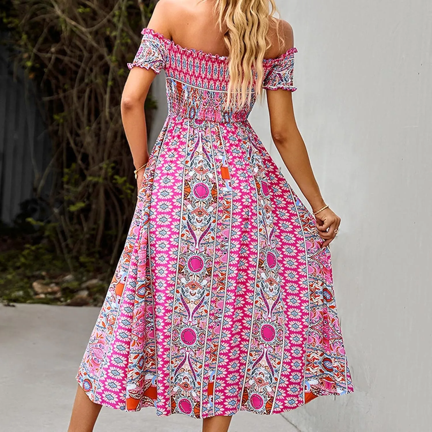 Ceboyel Women Strapless Boho Summer Dresses Floral Sundress High Waist Long Maxi Sun Dress Casual Beach Vacation Outfits