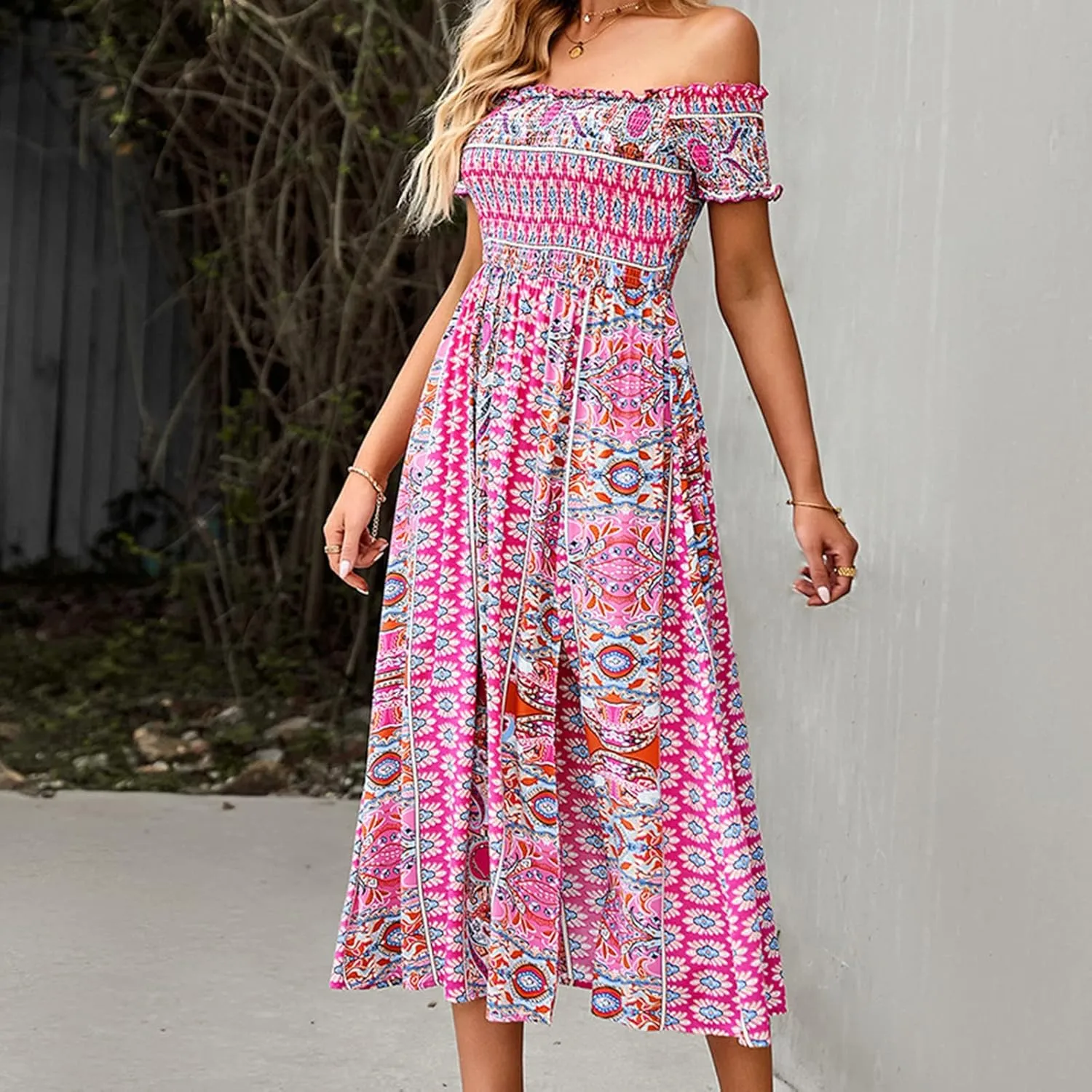 Ceboyel Women Strapless Boho Summer Dresses Floral Sundress High Waist Long Maxi Sun Dress Casual Beach Vacation Outfits