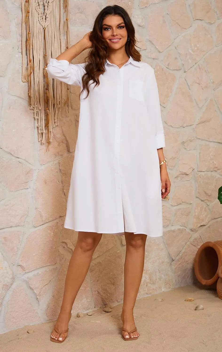 chouyatou Women's Spring Summer Button-Down Shirt Dress Loose A-Line Midi Shift Tunic Dress