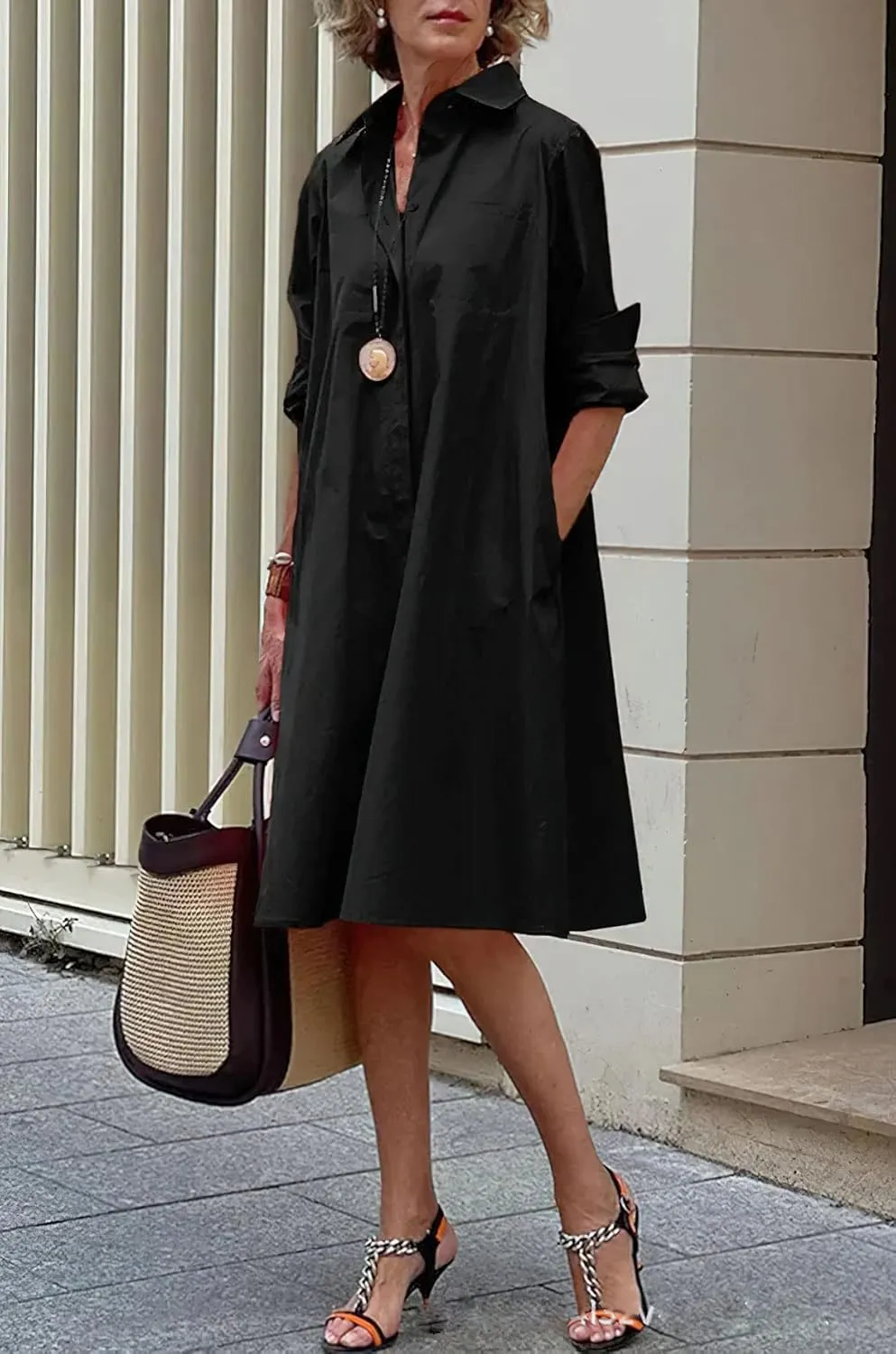 chouyatou Women's Spring Summer Button-Down Shirt Dress Loose A-Line Midi Shift Tunic Dress