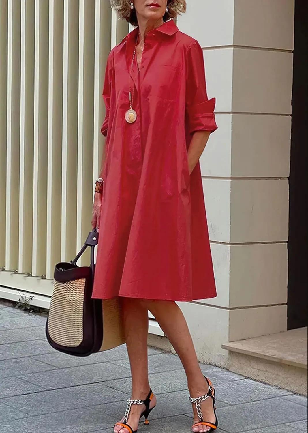 chouyatou Women's Spring Summer Button-Down Shirt Dress Loose A-Line Midi Shift Tunic Dress