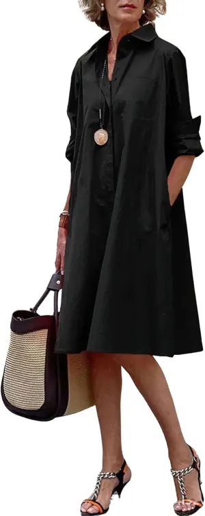 chouyatou Women's Spring Summer Button-Down Shirt Dress Loose A-Line Midi Shift Tunic Dress