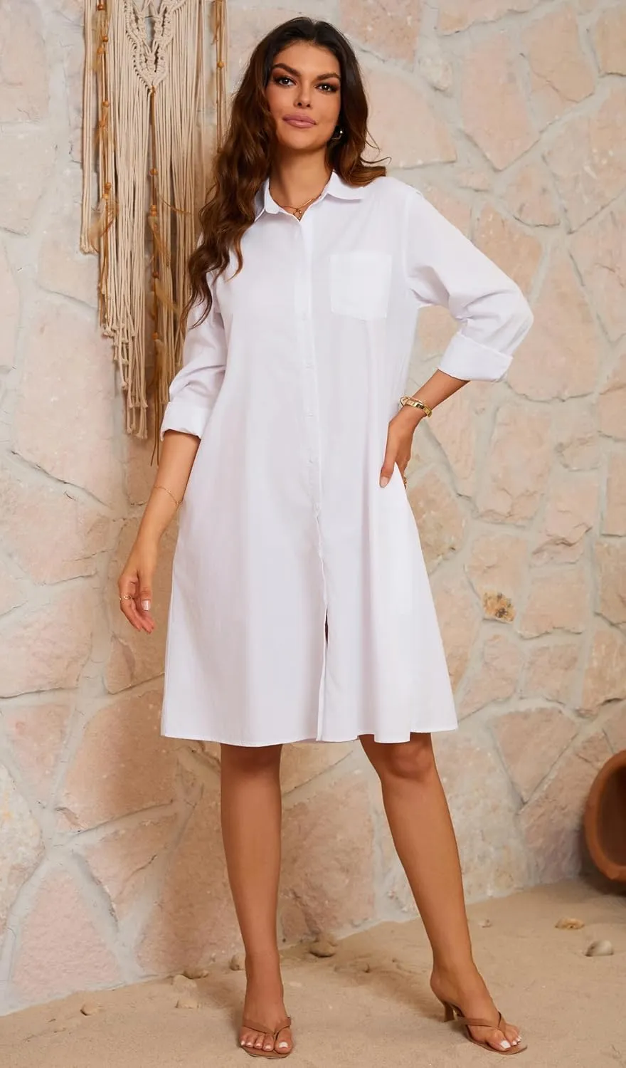 chouyatou Women's Spring Summer Button-Down Shirt Dress Loose A-Line Midi Shift Tunic Dress