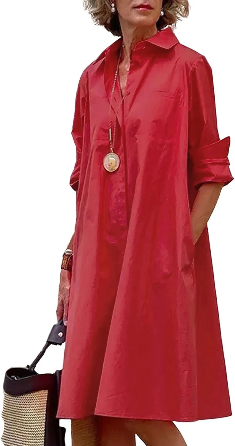 chouyatou Women's Spring Summer Button-Down Shirt Dress Loose A-Line Midi Shift Tunic Dress