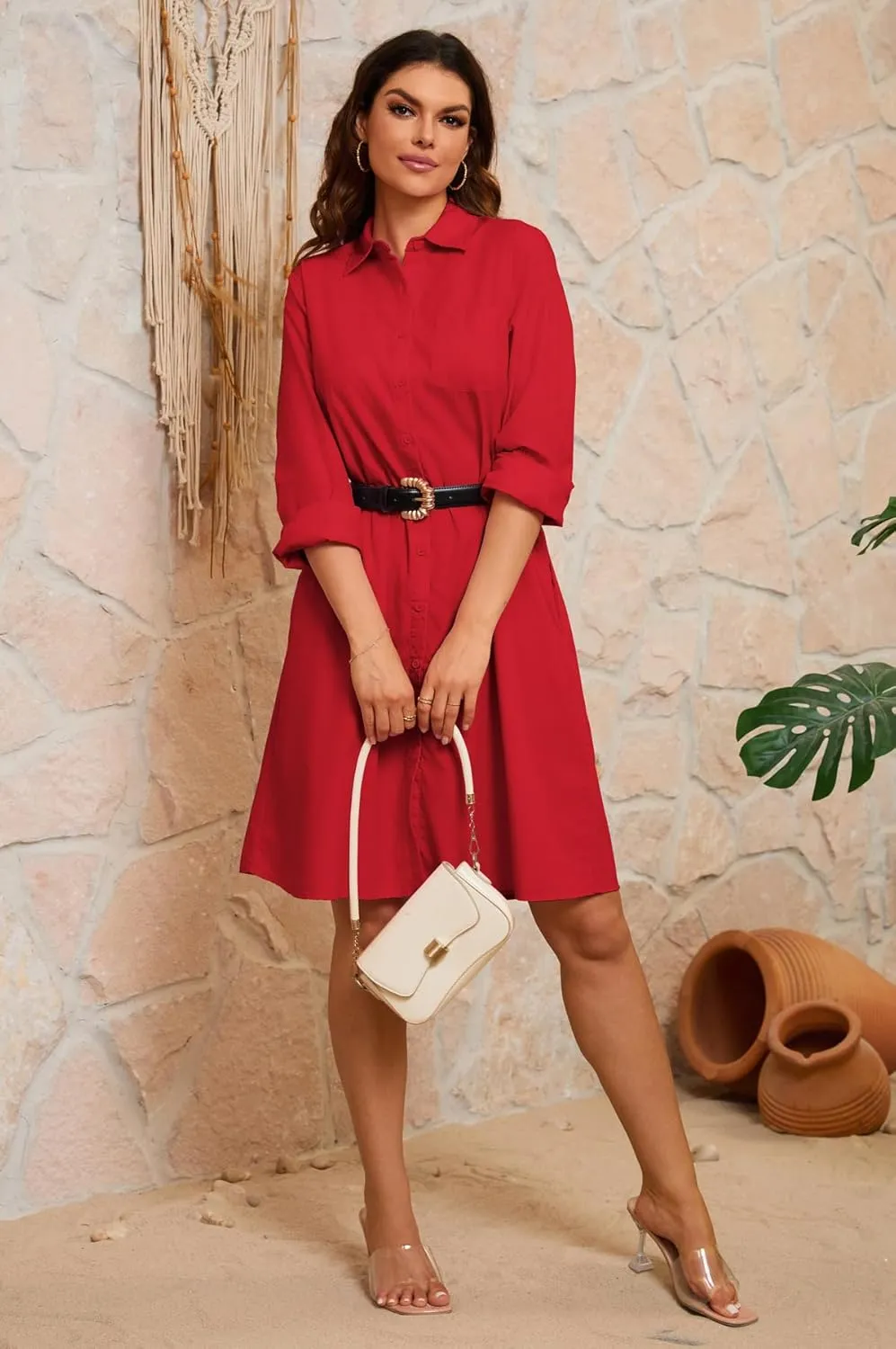 chouyatou Women's Spring Summer Button-Down Shirt Dress Loose A-Line Midi Shift Tunic Dress