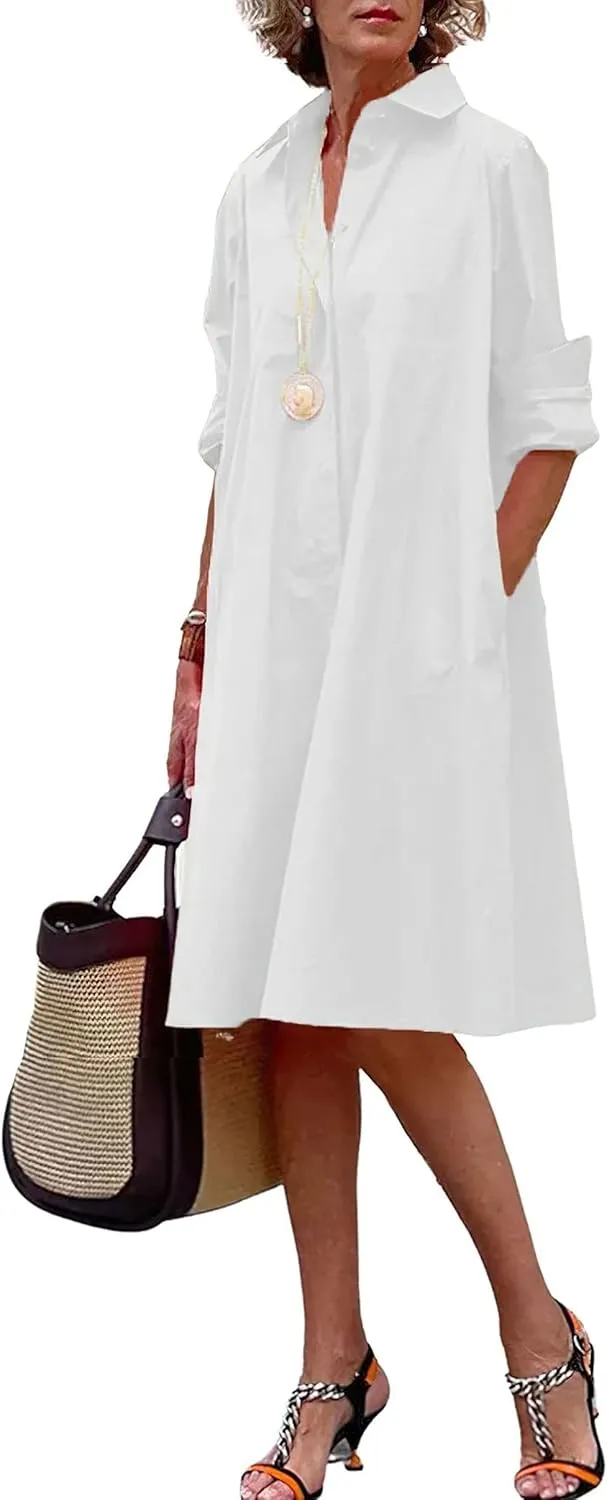 chouyatou Women's Spring Summer Button-Down Shirt Dress Loose A-Line Midi Shift Tunic Dress