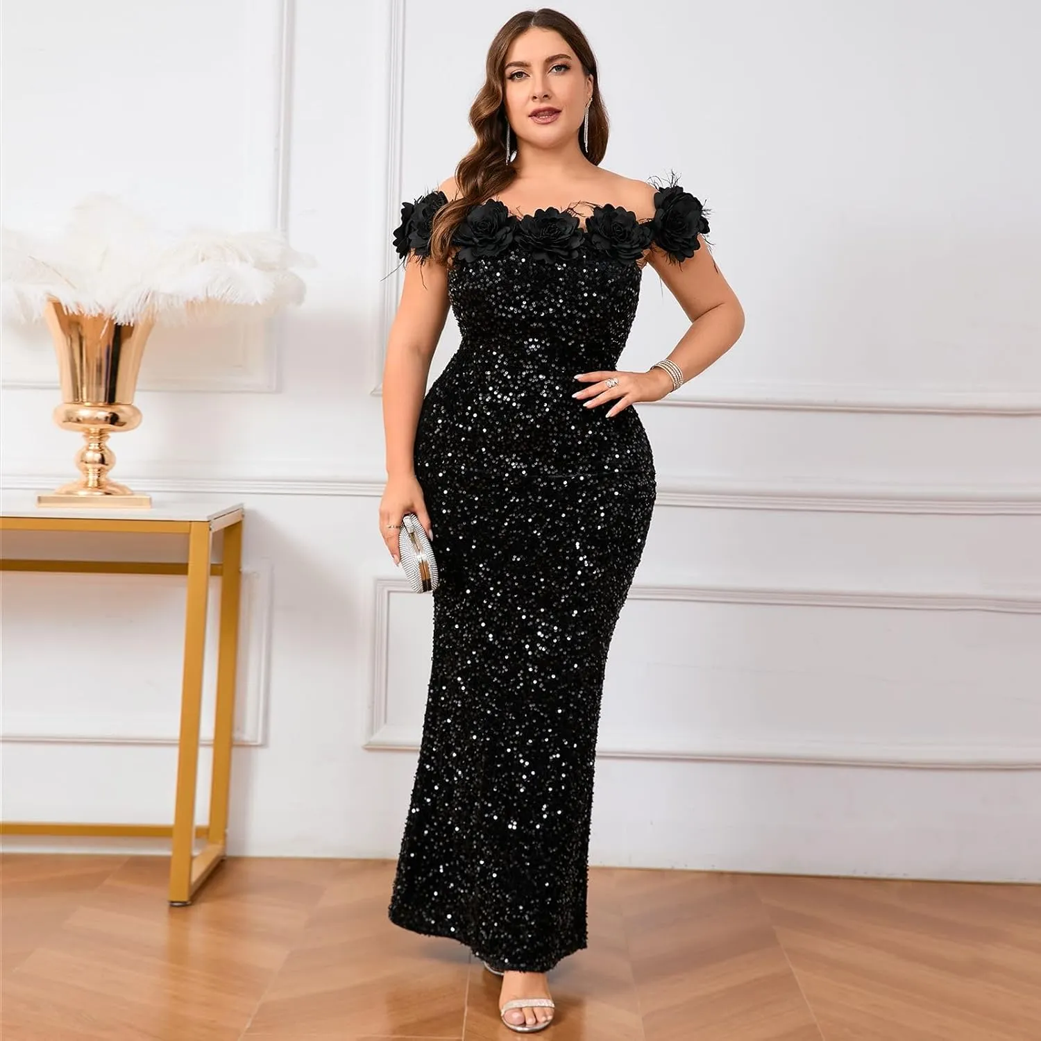Cololura Women Elegant Sexy Sequin Off Shoulder Feather Mermaid Bodycon Cocktail Evening Party Maxi Dress