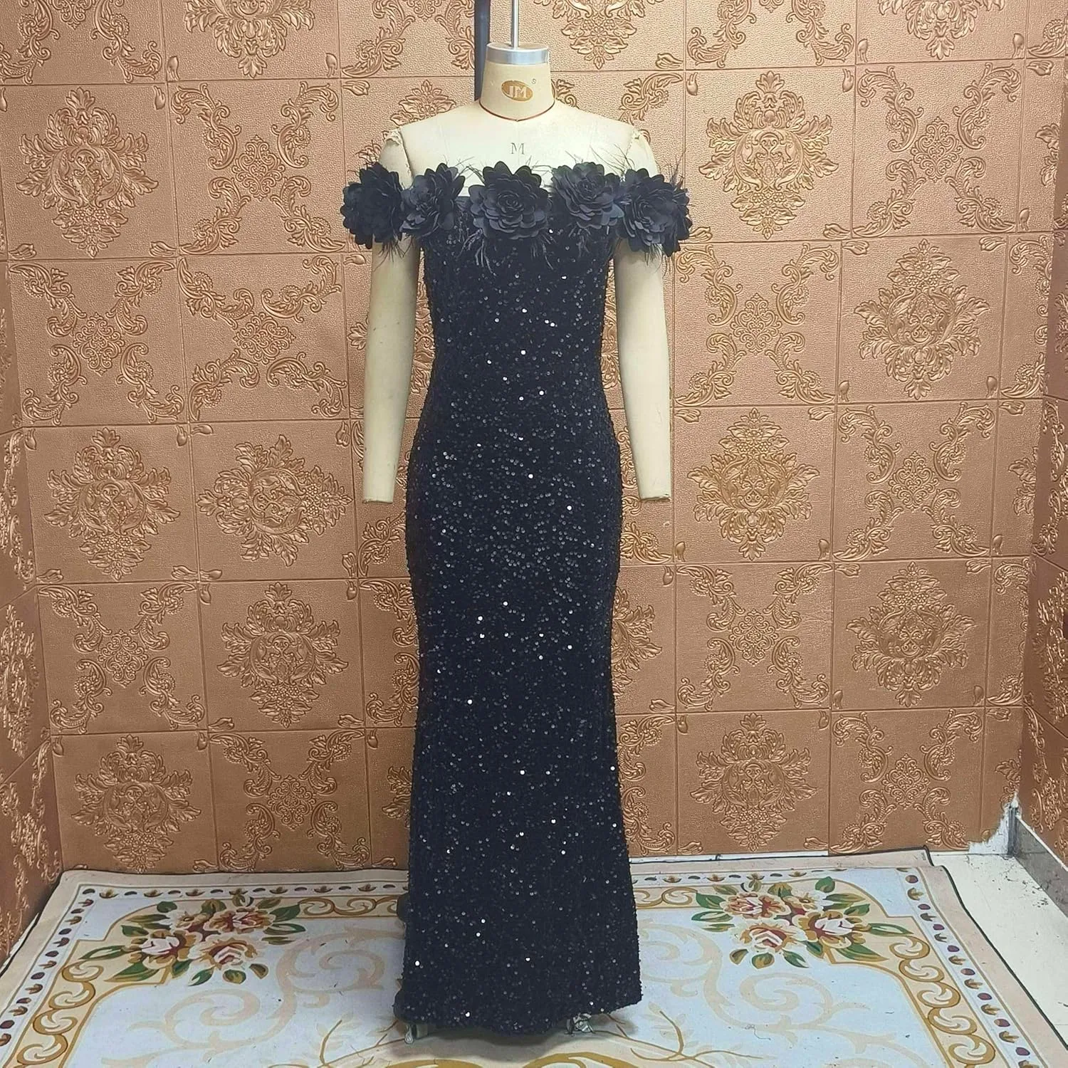 Cololura Women Elegant Sexy Sequin Off Shoulder Feather Mermaid Bodycon Cocktail Evening Party Maxi Dress
