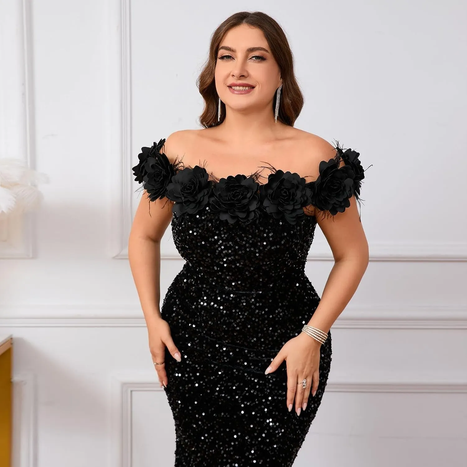 Cololura Women Elegant Sexy Sequin Off Shoulder Feather Mermaid Bodycon Cocktail Evening Party Maxi Dress