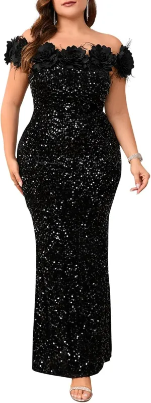 Cololura Women Elegant Sexy Sequin Off Shoulder Feather Mermaid Bodycon Cocktail Evening Party Maxi Dress