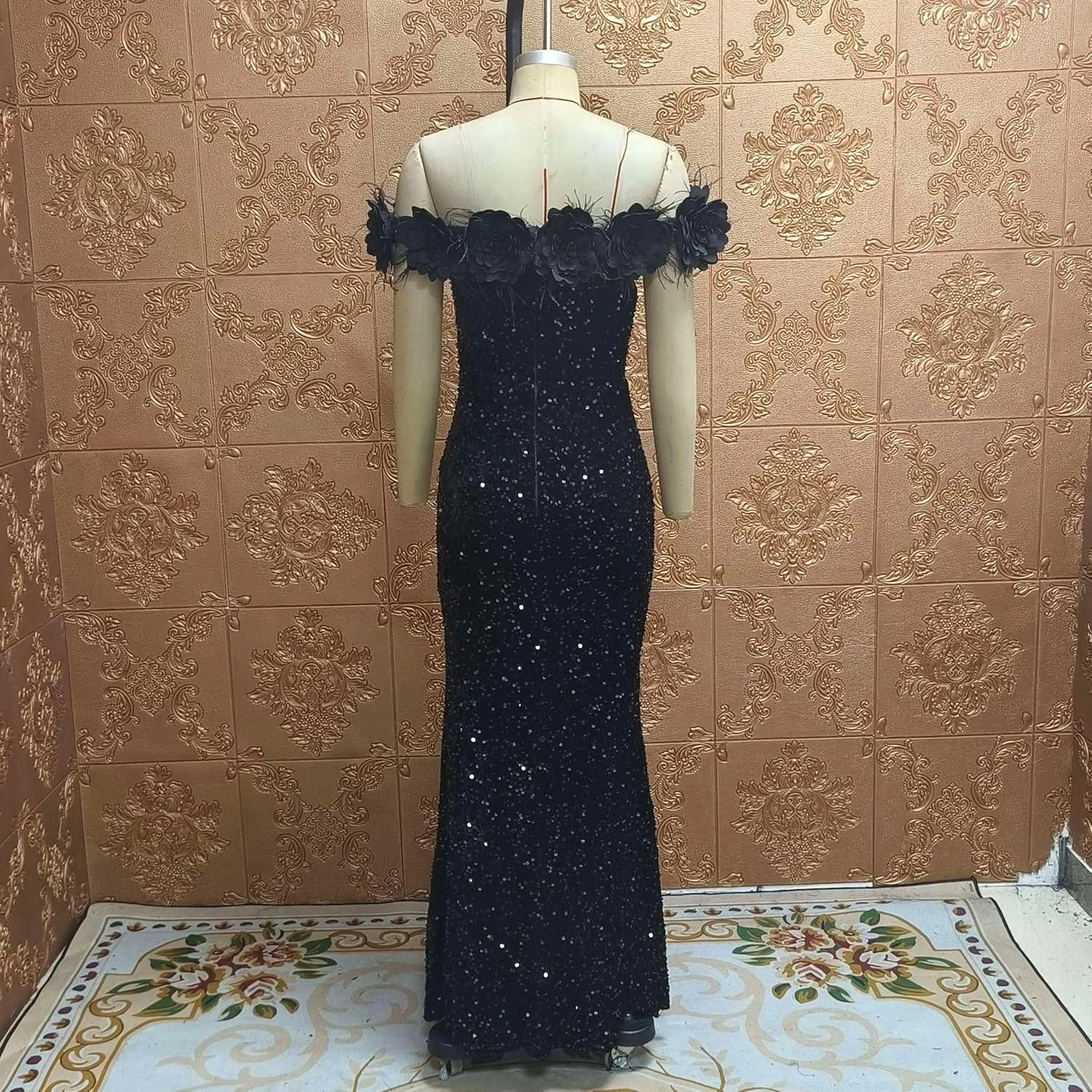 Cololura Women Elegant Sexy Sequin Off Shoulder Feather Mermaid Bodycon Cocktail Evening Party Maxi Dress