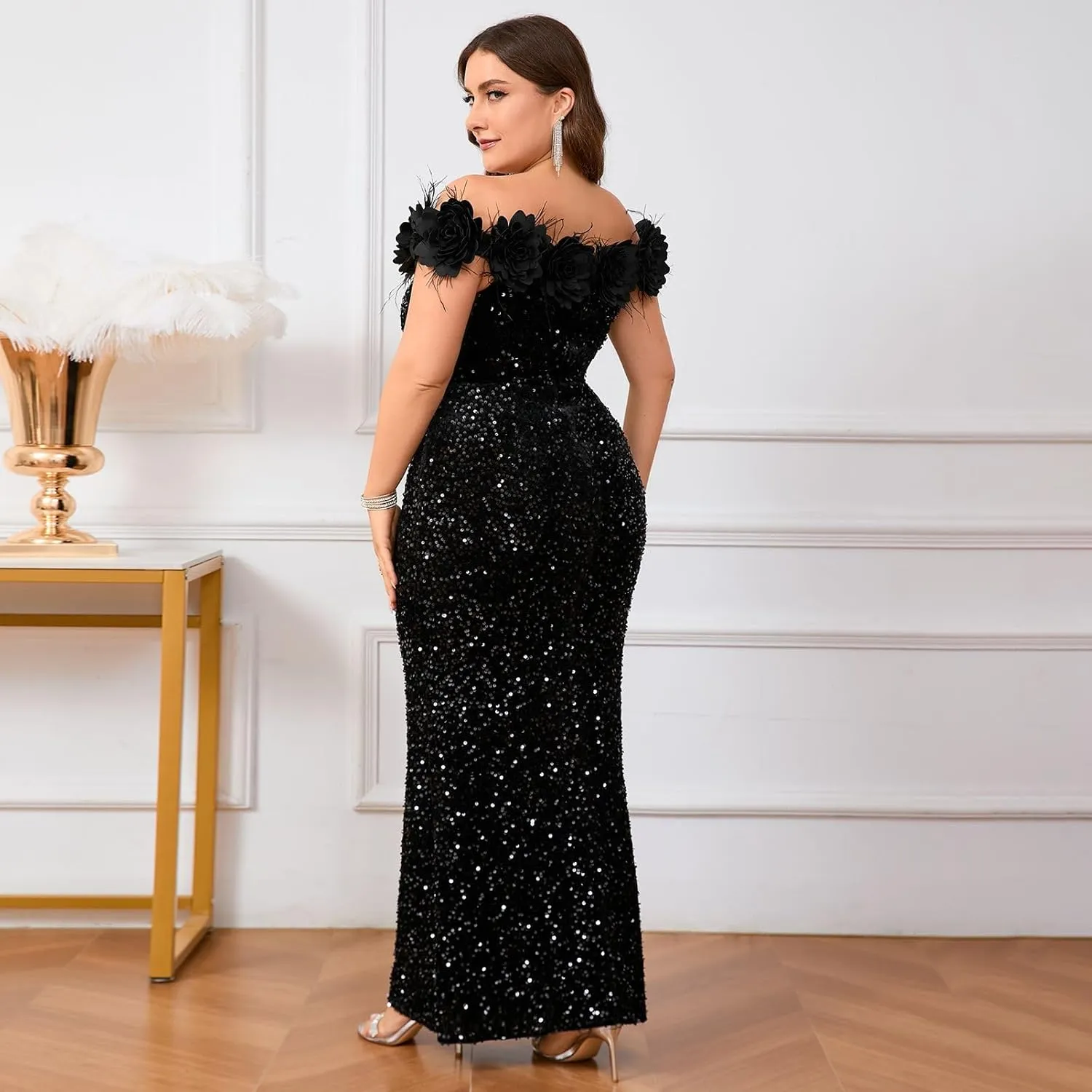 Cololura Women Elegant Sexy Sequin Off Shoulder Feather Mermaid Bodycon Cocktail Evening Party Maxi Dress