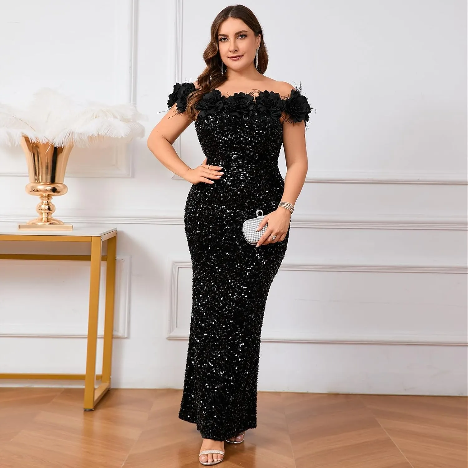 Cololura Women Elegant Sexy Sequin Off Shoulder Feather Mermaid Bodycon Cocktail Evening Party Maxi Dress