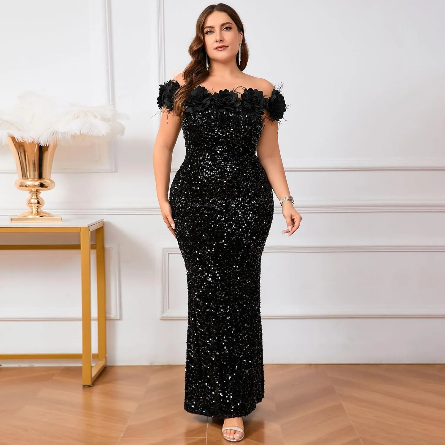 Cololura Women Elegant Sexy Sequin Off Shoulder Feather Mermaid Bodycon Cocktail Evening Party Maxi Dress