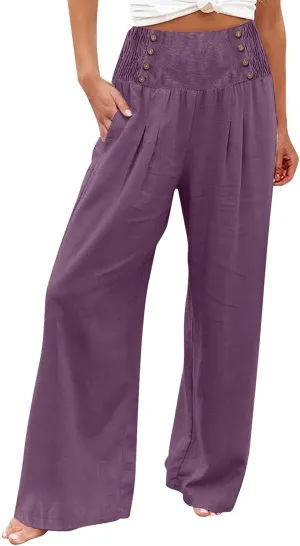 Comfy Pants Women Casual Long Elastic Waist Lounge Trousers Wide Leg Relax Fit Linen Vacation Palazzo Sweatpants