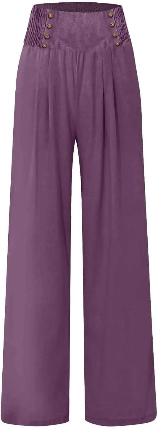 Comfy Pants Women Casual Long Elastic Waist Lounge Trousers Wide Leg Relax Fit Linen Vacation Palazzo Sweatpants