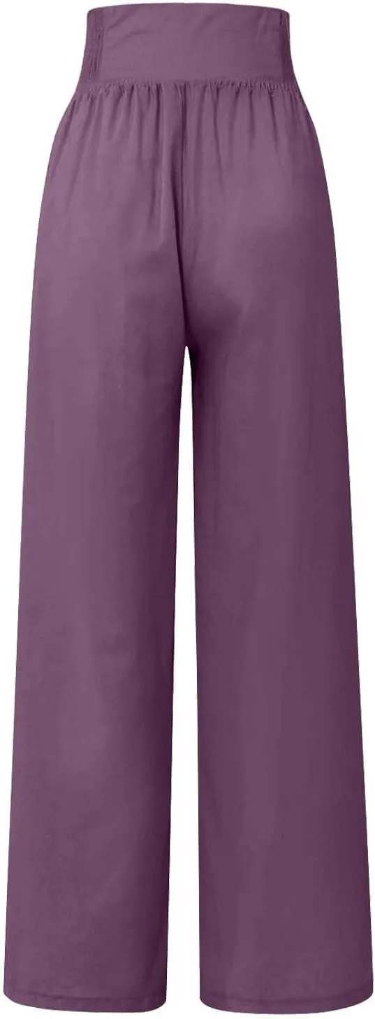 Comfy Pants Women Casual Long Elastic Waist Lounge Trousers Wide Leg Relax Fit Linen Vacation Palazzo Sweatpants