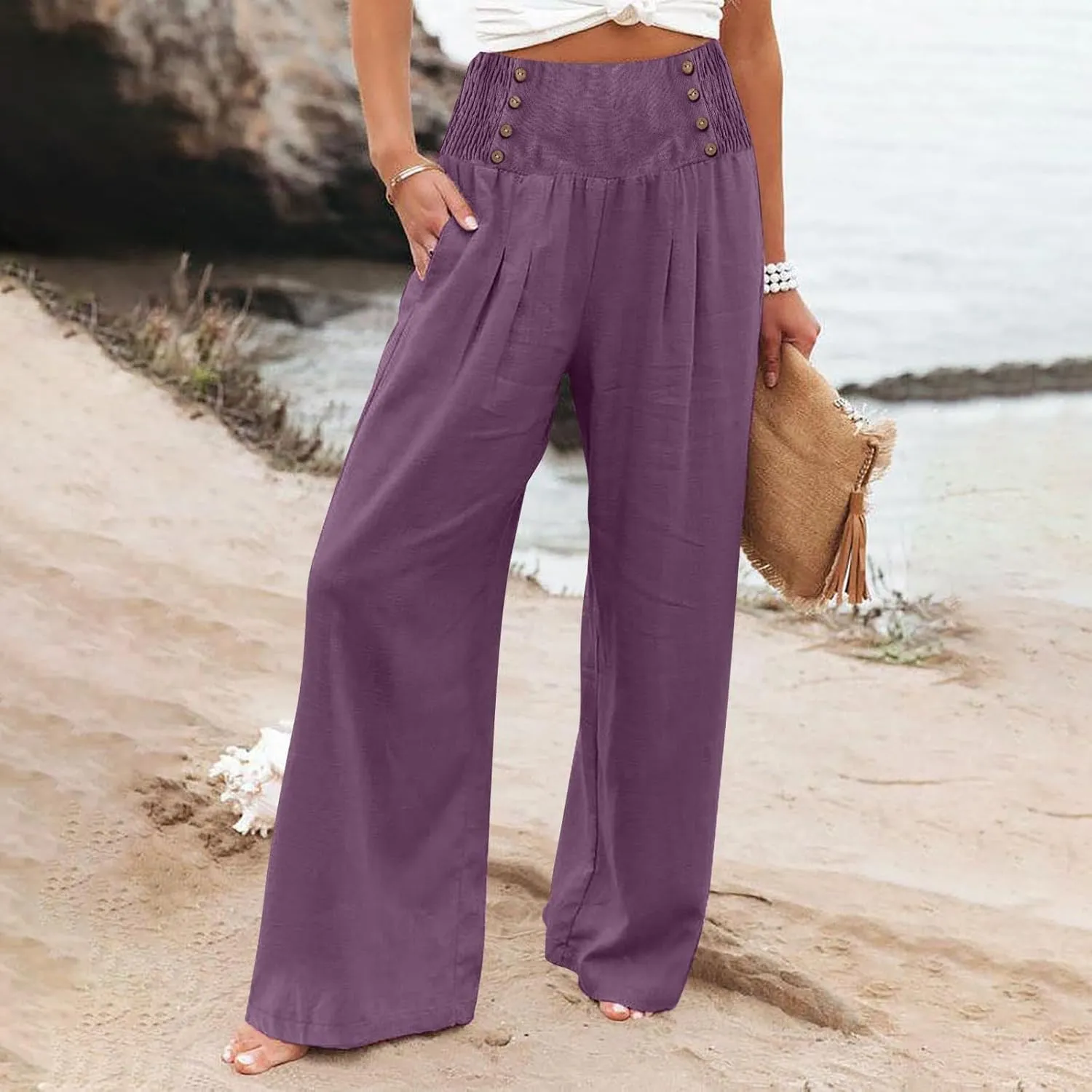Comfy Pants Women Casual Long Elastic Waist Lounge Trousers Wide Leg Relax Fit Linen Vacation Palazzo Sweatpants