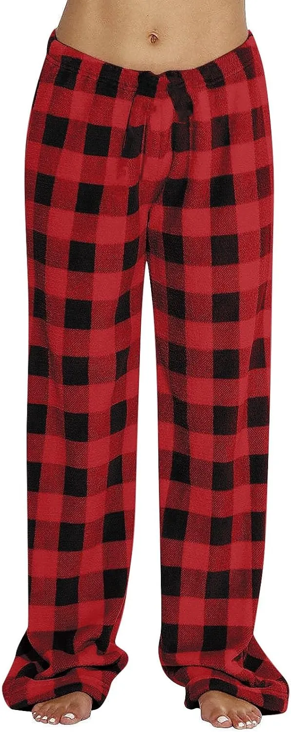 Contrast Buffalo Plaid Pajama Pants Women Soft Flannel Plaid Pj Pants Elastic Waist Cotton Wide Leg Pants Sleepwear