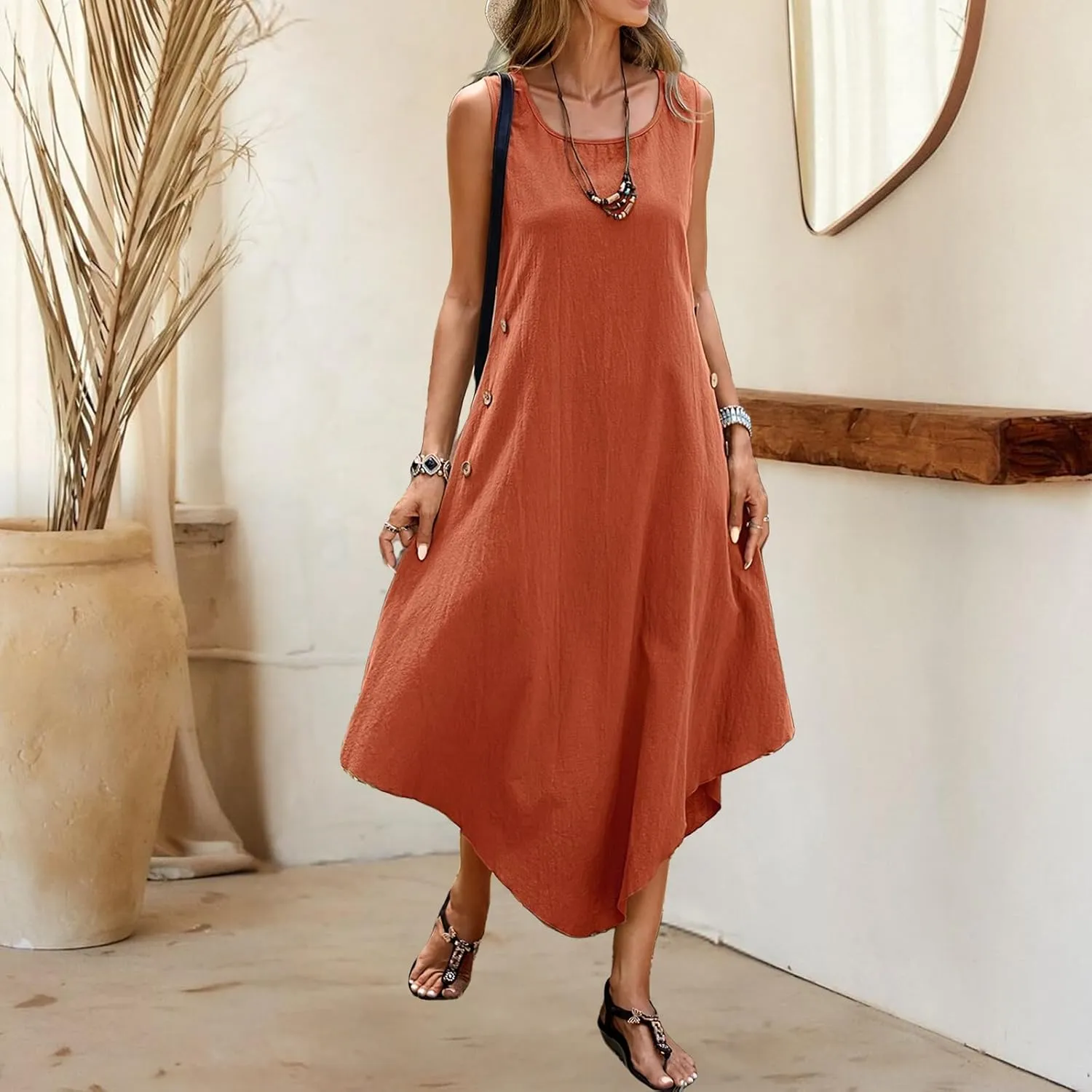 Cotton Linen Dress Women Summer Long Dresses Sleeveless Maxi Dress Flowy Casual Beach Plus Size Tank Tshirt Sundresses